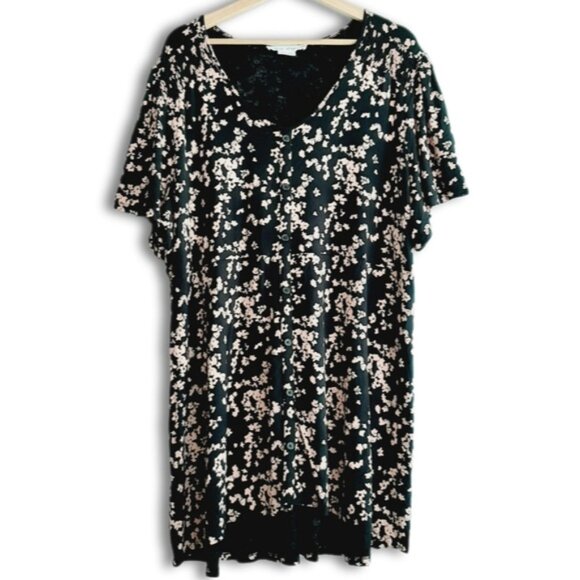 PENNINGTONS Button Down V-Neck Floral Print Tunic Top Black & Pink Sz 2X - Picture 2 of 14